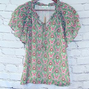 Jade By Melody Tam Green Pink Butterfly Flutter Sleeve Top Size Small